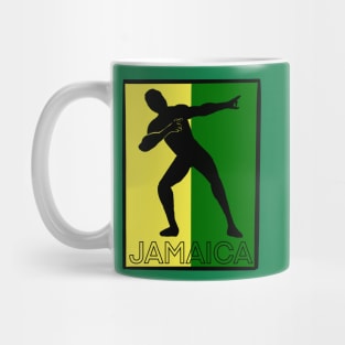Jamaica sprinter pose with the Jamaican flag colours of black green and gold with the word Jamaica Mug